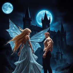 A realistic-style Wattpad book cover featuring a dark gothic castle at night, illuminated by a big moon that casts a cold, blue shine