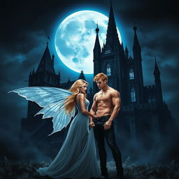 A realistic-style Wattpad book cover featuring a dark gothic castle at night, illuminated by a big moon that casts a cold, blue shine