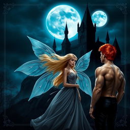 A realistic-style Wattpad book cover featuring a dark gothic castle at night, illuminated by a big moon that casts a cold, blue shine
