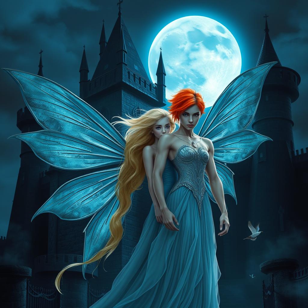 A realistic-style Wattpad book cover image depicting a dark gothic castle at night, with a large moon casting a cold, blue shine