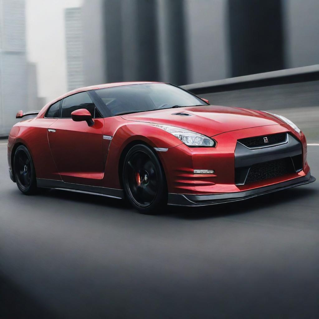 The dynamic and sleek Nissan GTR R35 on a poster. The car is showcased in a detailed and vivid fashion, emphasizing its high-performance features and elegant design.