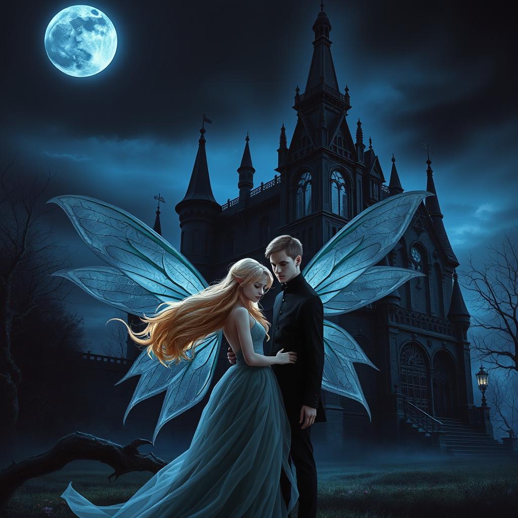 A Wattpad book cover featuring a dark Victorian castle at night, illuminated by a big moon with a cold, blue shine