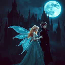 A Wattpad book cover featuring a dark Victorian castle at night, illuminated by a big moon with a cold, blue shine