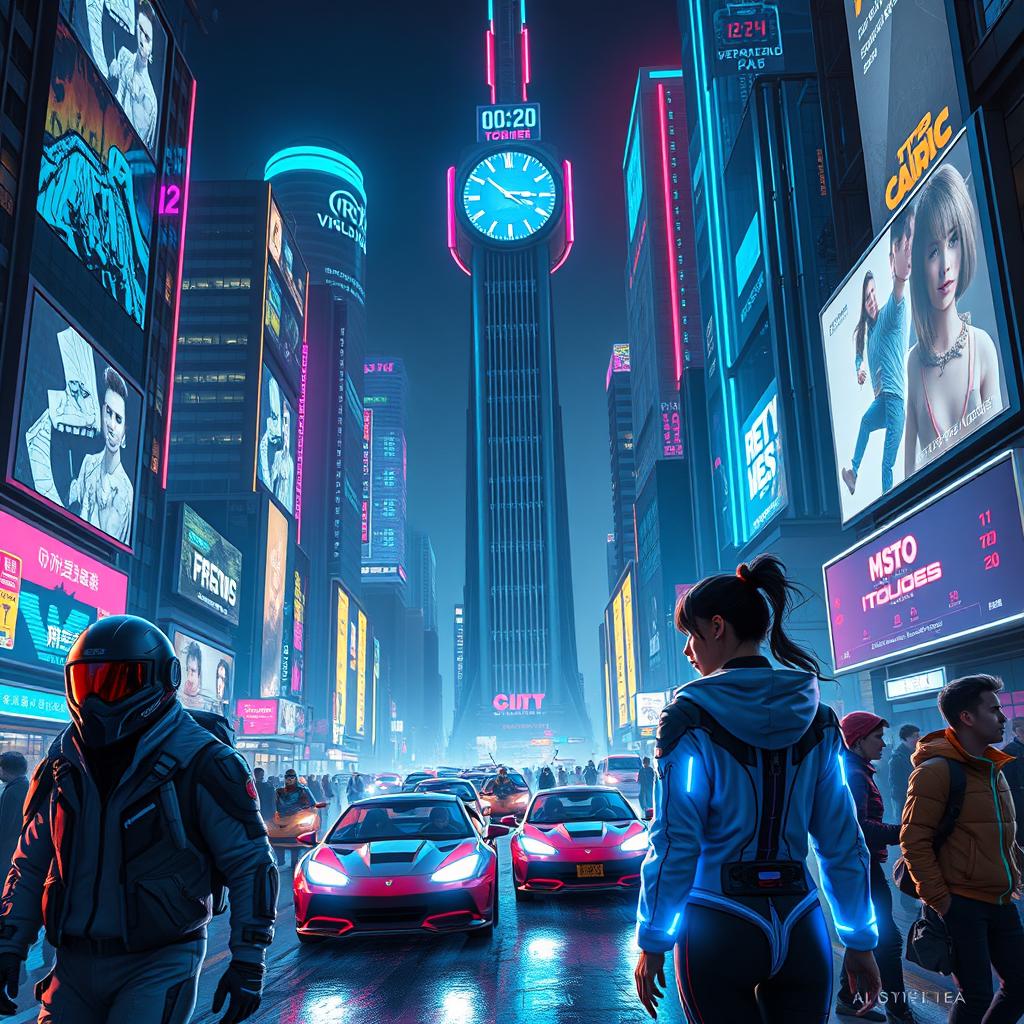 A futuristic cyberpunk cityscape at night with neon lights illuminating the streets