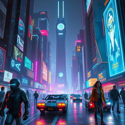 A futuristic cyberpunk cityscape at night with neon lights illuminating the streets