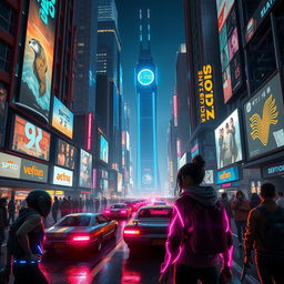 A futuristic cyberpunk cityscape at night with neon lights illuminating the streets