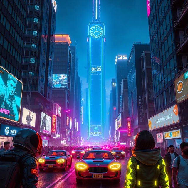 A futuristic cyberpunk cityscape at night with neon lights illuminating the streets