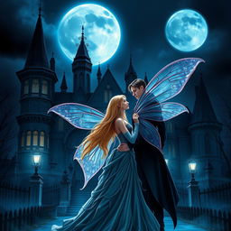 A Wattpad book cover in realism style featuring a dark Victorian castle at night, illuminated by a large moon casting a cold, blue shine