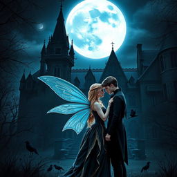 A Wattpad book cover in realism style featuring a dark Victorian castle at night, illuminated by a large moon casting a cold, blue shine