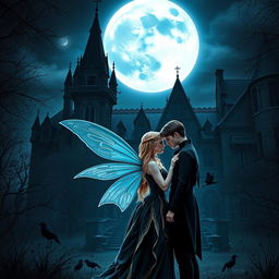 A Wattpad book cover in realism style featuring a dark Victorian castle at night, illuminated by a large moon casting a cold, blue shine