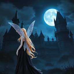 A Wattpad book cover in realism style featuring a dark Victorian castle at night, illuminated by a large moon casting a cold, blue shine