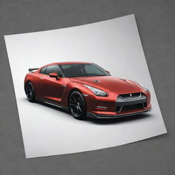 The dynamic and sleek Nissan GTR R35 on a poster. The car is showcased in a detailed and vivid fashion, emphasizing its high-performance features and elegant design.