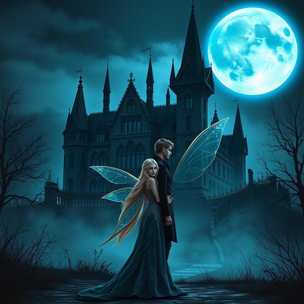 A Wattpad book cover in realism style featuring a dark Victorian castle at night, illuminated by a large moon casting a cold, blue shine