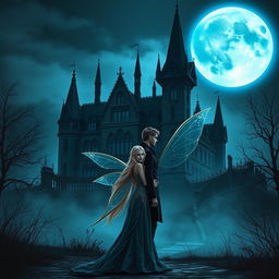 A Wattpad book cover in realism style featuring a dark Victorian castle at night, illuminated by a large moon casting a cold, blue shine
