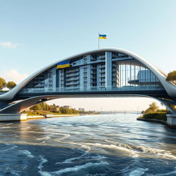 A bridge designed as a residential building spans the river, connecting both banks with innovative bionic architecture