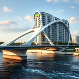 A bridge designed as a residential building spans the river, connecting both banks with innovative bionic architecture