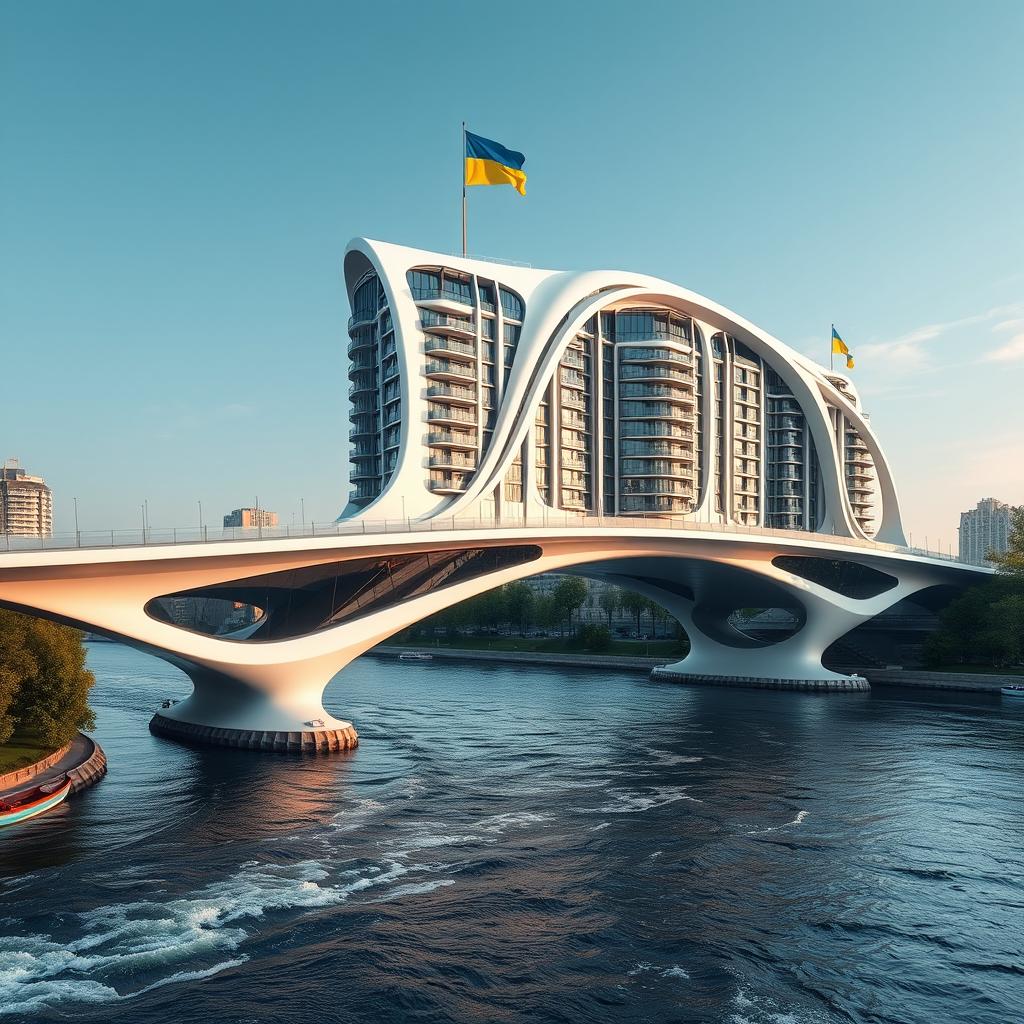 A bridge designed as a residential building spans the river, connecting both banks with innovative bionic architecture