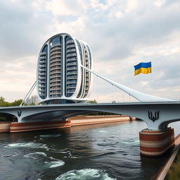 A bridge designed as a residential building spans the river, connecting both banks with innovative bionic architecture