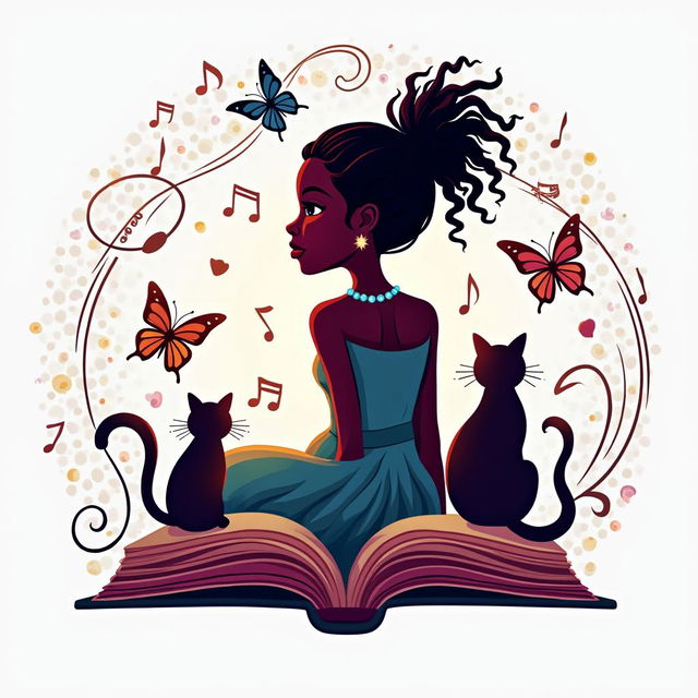 An elegant and vibrant logo for a book by Pasquel Jordan-McLeod, published by Chyna Sun Publishing, featuring a book with a silhouette of a woman with short dreadlocks, music notes, butterflies, and two cat silhouettes