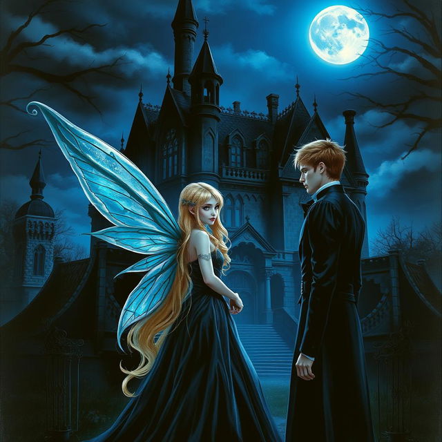 A book cover in realism style featuring a dark Victorian castle at night, bathed in a cold, blue moonlit shine