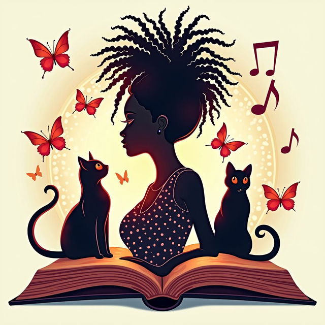 An elegant and vibrant logo for a book by Pasquel Jordan-McLeod, published by Chyna Sun Publishing, featuring an open book with a silhouette of a woman with short dreadlocks, music notes, butterflies, and two cat silhouettes