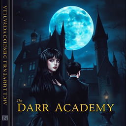 A book cover in realism style featuring a dark Victorian castle at night, with a large moon casting a cold, blue shine