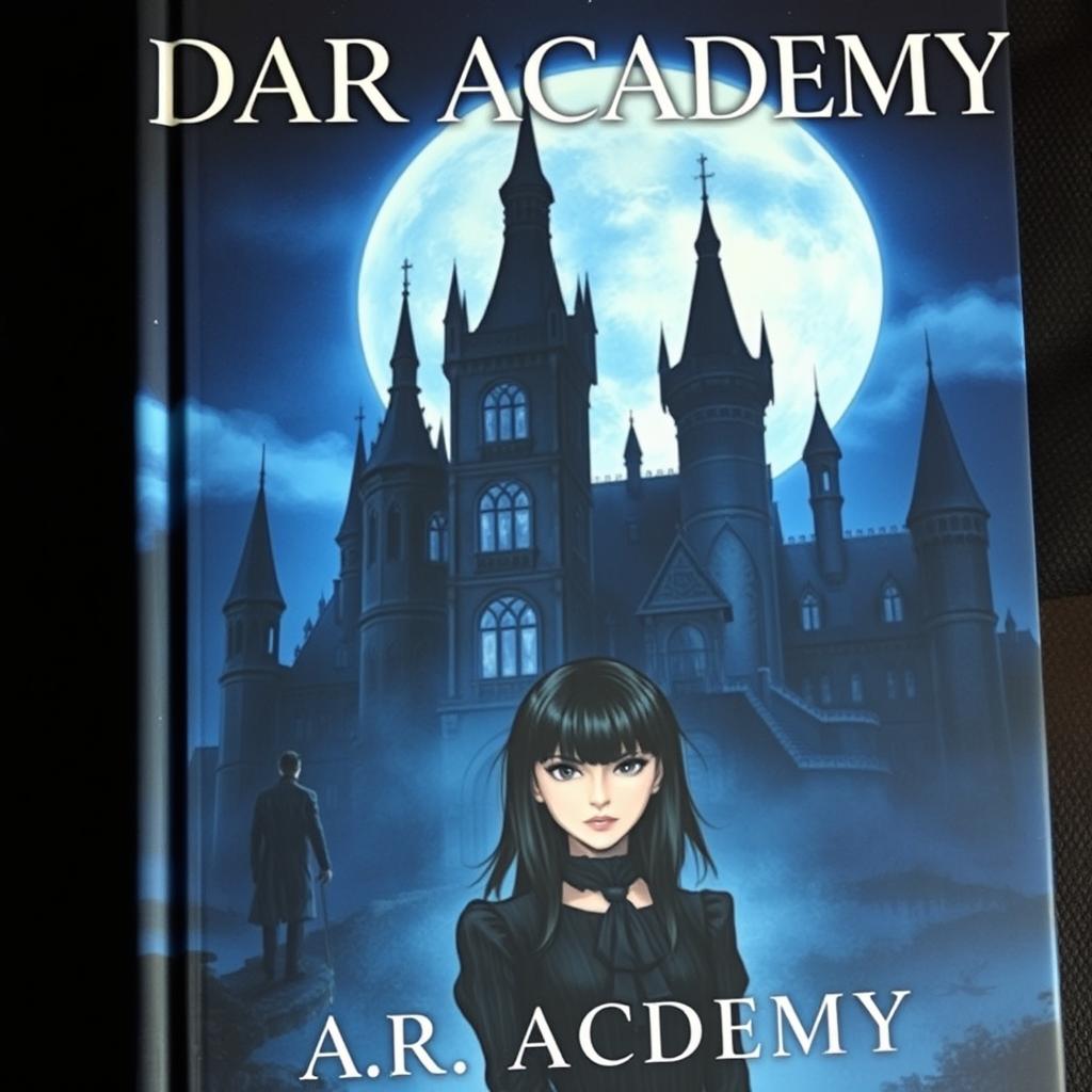 A book cover in realism style featuring a dark Victorian castle at night, with a large moon casting a cold, blue shine