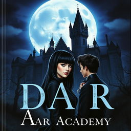 A book cover in realism style featuring a dark Victorian castle at night, with a large moon casting a cold, blue shine