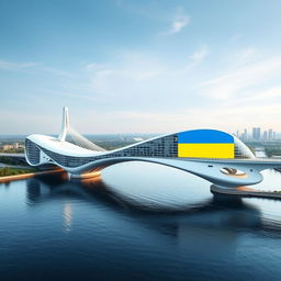 A one-kilometer-long bridge in the form of a residential building spans the river, connecting the two banks with bionic architecture