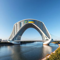 A one-kilometer-long bridge in the form of a residential building spans the river, connecting the two banks with bionic architecture