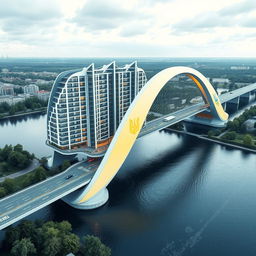 A one-kilometer-long bridge in the form of a residential building spans the river, connecting the two banks with bionic architecture