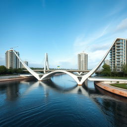 A one-kilometer-long bridge in the form of a residential building spans the river, connecting the two banks with bionic architecture