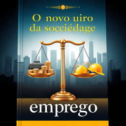 A captivating book cover for 'O novo ouro da sociedade - emprego' featuring a metaphorical depiction of employment as the new gold of society