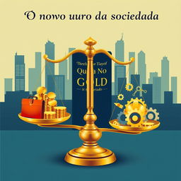 A captivating book cover for 'O novo ouro da sociedade - emprego' featuring a metaphorical depiction of employment as the new gold of society