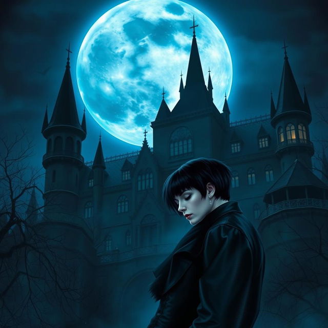 A book cover in realism style featuring a dark Victorian castle at night, illuminated by a big moon with a cold, blue shine