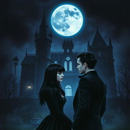 A book cover in realism style featuring a dark Victorian castle at night, illuminated by a big moon with a cold, blue shine