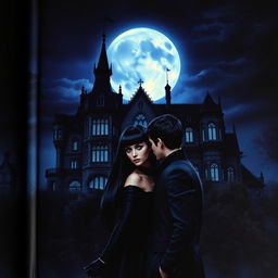 A book cover in realism style featuring a dark Victorian castle at night, illuminated by a big moon with a cold, blue shine