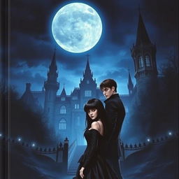 A book cover in realism style featuring a dark Victorian castle at night, illuminated by a big moon with a cold, blue shine