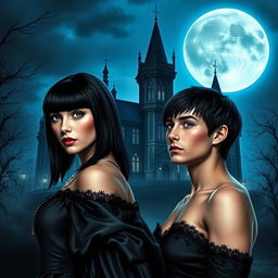 A realistic Wattpad book cover featuring a dark Victorian castle at night, illuminated by a big moon casting a cold, blue shine