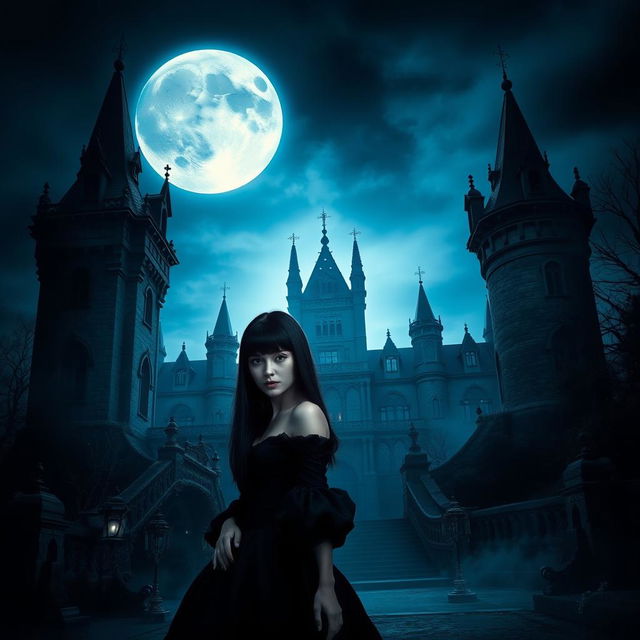 A realistic Wattpad book cover featuring a dark Victorian castle at night, illuminated by a big moon casting a cold, blue shine