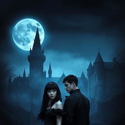 A realistic Wattpad book cover featuring a dark Victorian castle at night, illuminated by a big moon casting a cold, blue shine