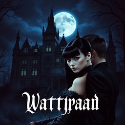 A realistic Wattpad book cover featuring a dark Victorian castle at night, illuminated by a big moon casting a cold, blue shine