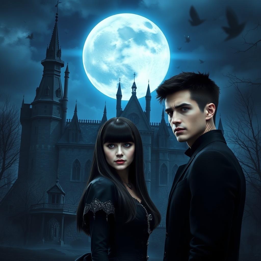 A realistic Wattpad book cover showcasing a dark Victorian castle at night, under a big moon that casts a cold, blue shine