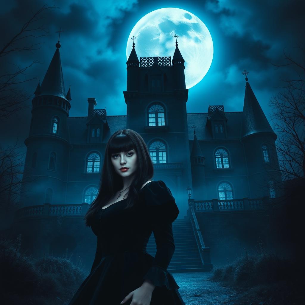 A realistic Wattpad book cover showcasing a dark Victorian castle at night, under a big moon that casts a cold, blue shine