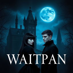 A realistic Wattpad book cover showcasing a dark Victorian castle at night, under a big moon that casts a cold, blue shine