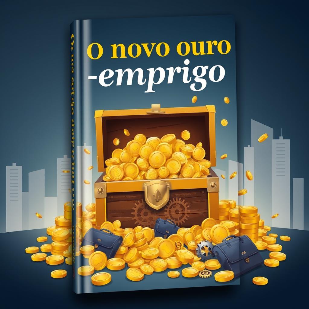 A captivating book cover for 'O novo ouro - emprego' featuring a metaphorical depiction of employment as the new gold