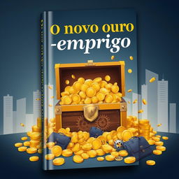 A captivating book cover for 'O novo ouro - emprego' featuring a metaphorical depiction of employment as the new gold