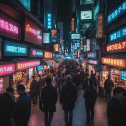 A bustling cyberpunk-style market filled with neon signs, futuristic stalls, busy digital vendors and intrigued customers