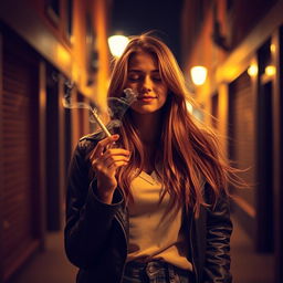 A girl inhaling cigarette smoke, with a content and relaxed expression on her face