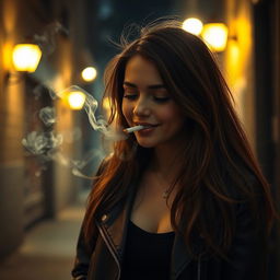 A girl inhaling cigarette smoke, with a content and relaxed expression on her face